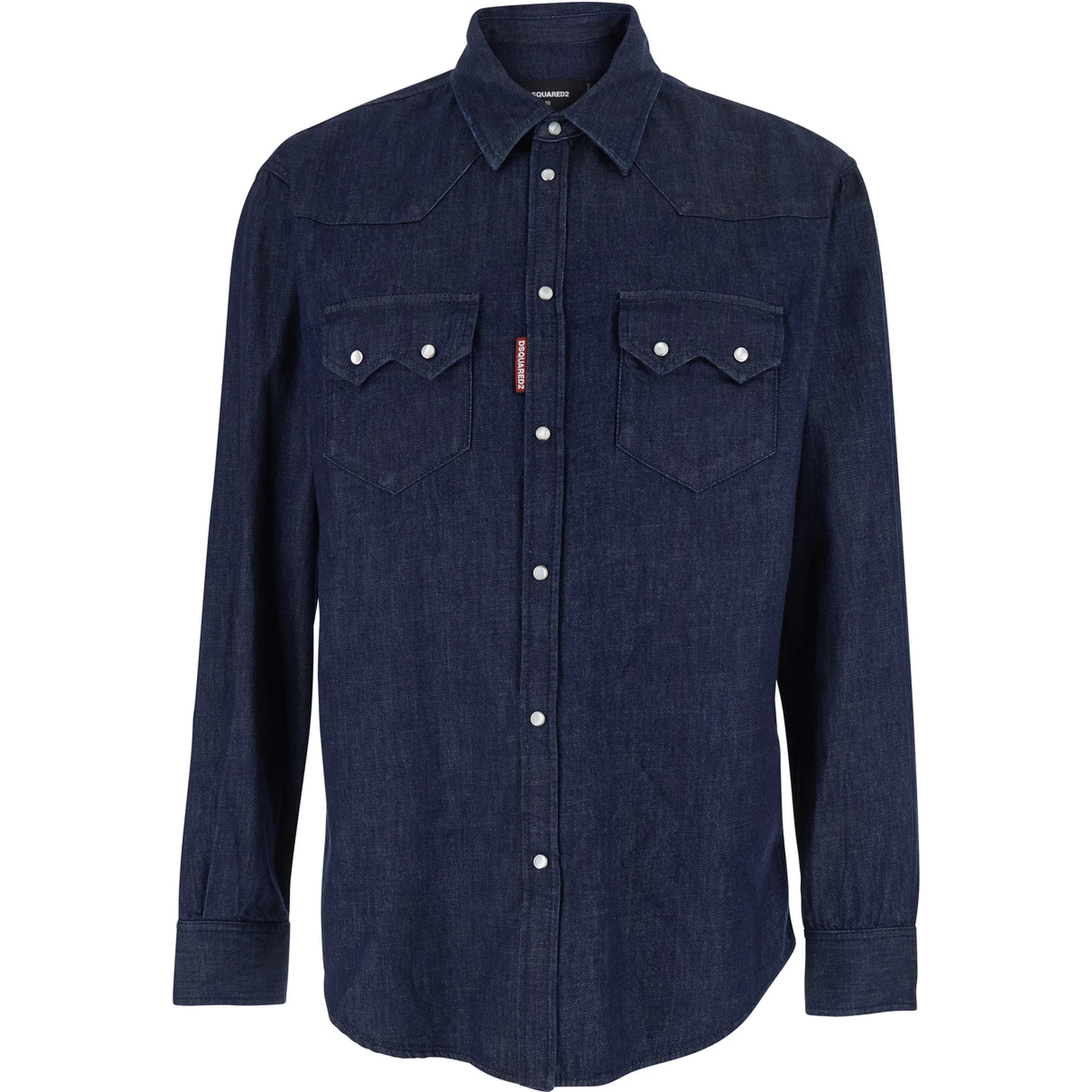 Blue Shirt with Classic Collar and Two Front Patch Pockets with Buttons in Denim Man