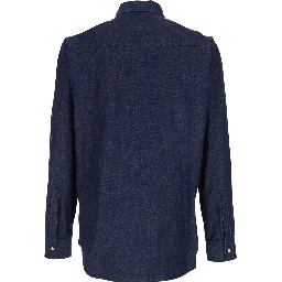Blue Shirt with Classic Collar and Two Front Patch Pockets with Buttons in Denim Man