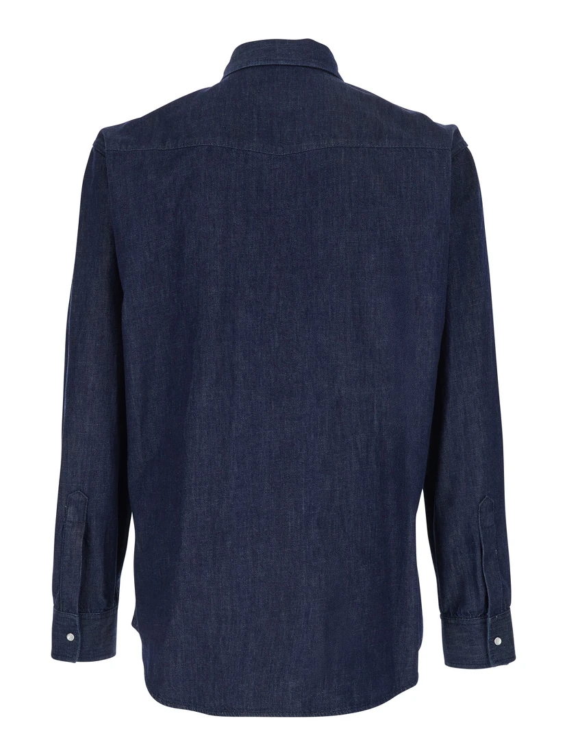 Blue Shirt with Classic Collar and Two Front Patch Pockets with Buttons in Denim Man