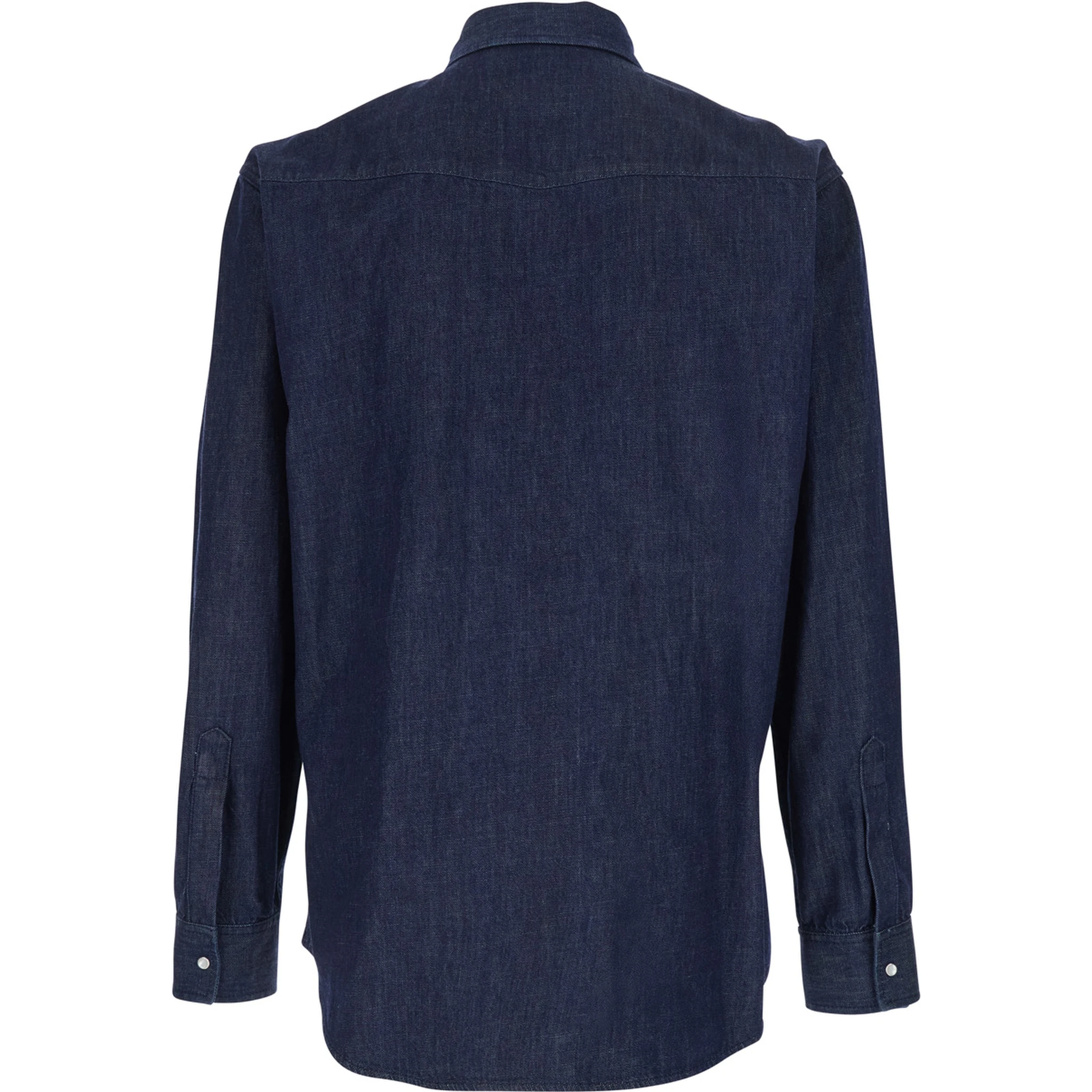 Blue Shirt with Classic Collar and Two Front Patch Pockets with Buttons in Denim Man