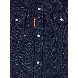 Blue Shirt with Classic Collar and Two Front Patch Pockets with Buttons in Denim Man