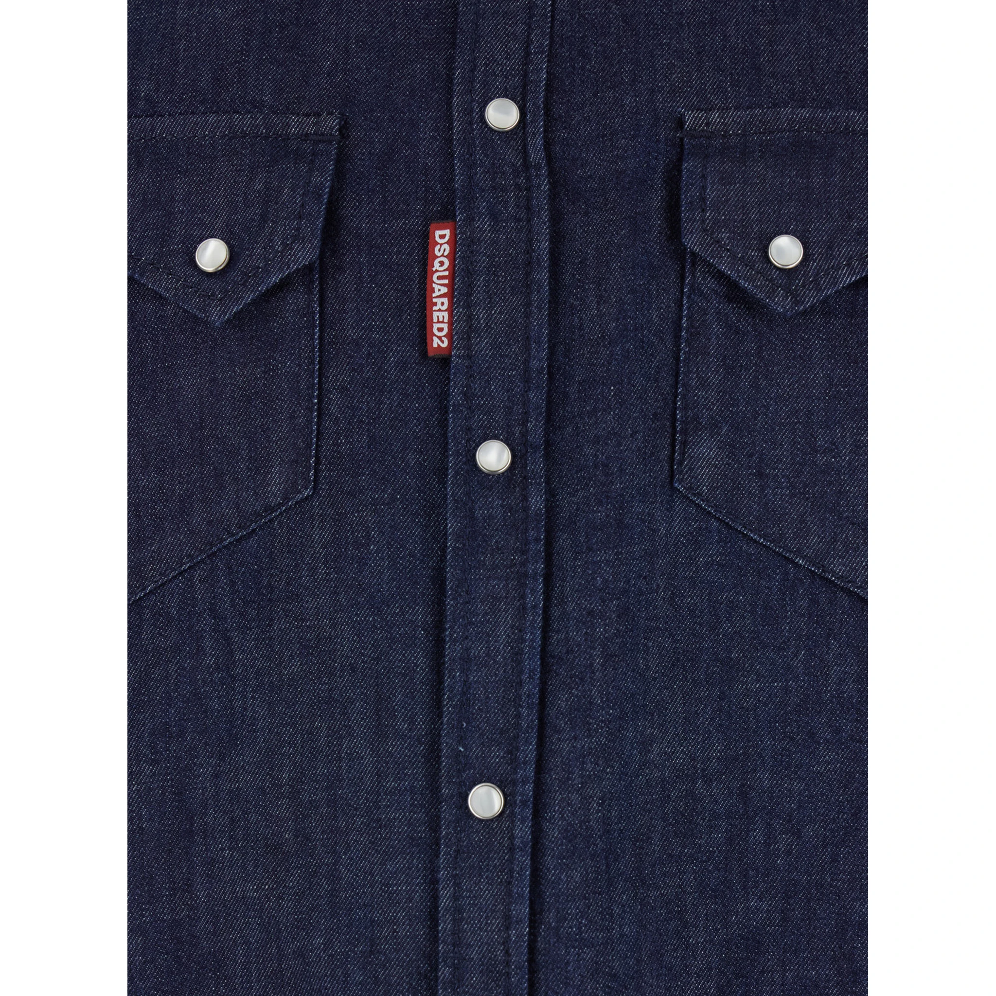 Blue Shirt with Classic Collar and Two Front Patch Pockets with Buttons in Denim Man