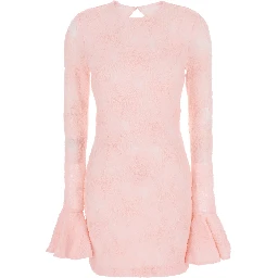 Pink Dress with Drop-Neck on the Back  and All-Over Floral Embroidery in Fabric Woman