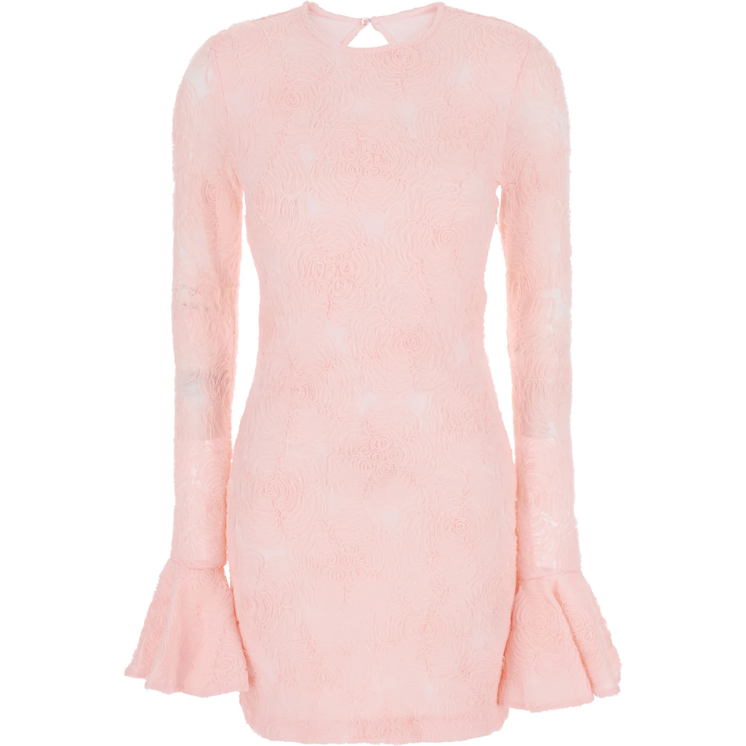 Pink Dress with Drop-Neck on the Back  and All-Over Floral Embroidery in Fabric Woman