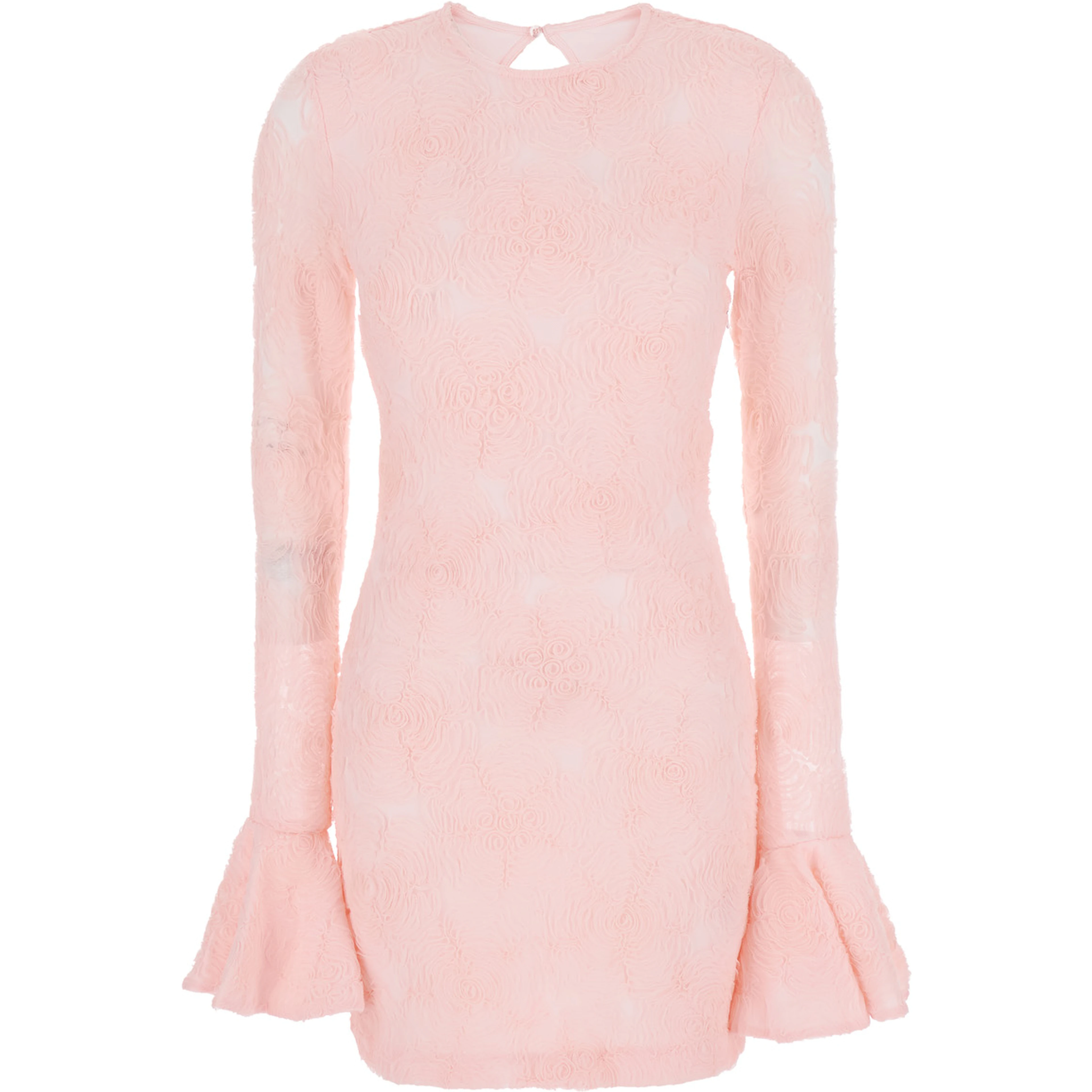 Pink Dress with Drop-Neck on the Back  and All-Over Floral Embroidery in Fabric Woman