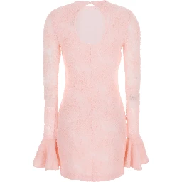 Pink Dress with Drop-Neck on the Back  and All-Over Floral Embroidery in Fabric Woman