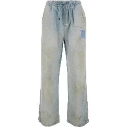 Light Bliue Pants with Elastic Waist and Logo Patch on the Front in Cotton Man