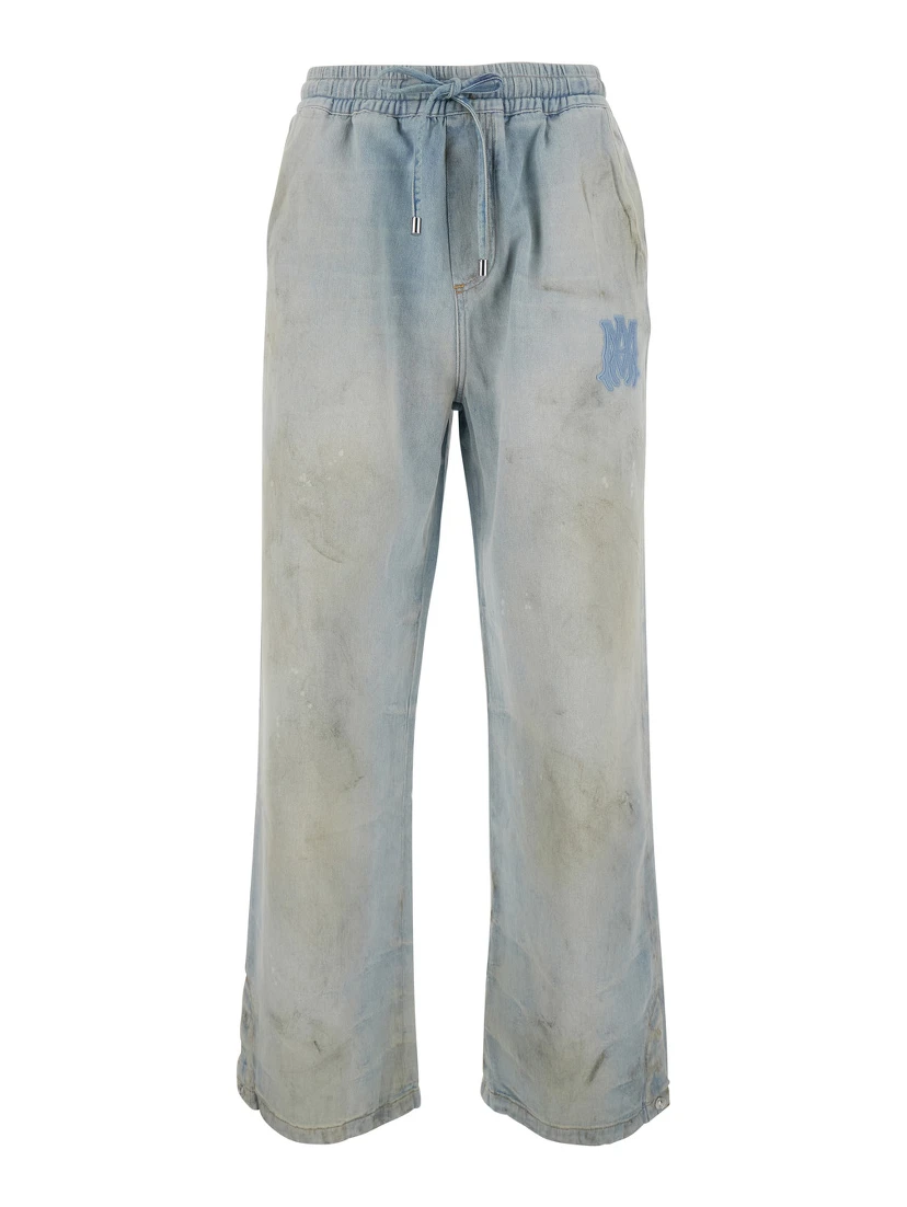 Light Bliue Pants with Elastic Waist and Logo Patch on the Front in Cotton Man