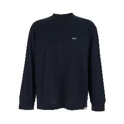 Blue Long-Sleeve Crewneck T-Shirt with Logo Embroidery on the Front in Cotton Man