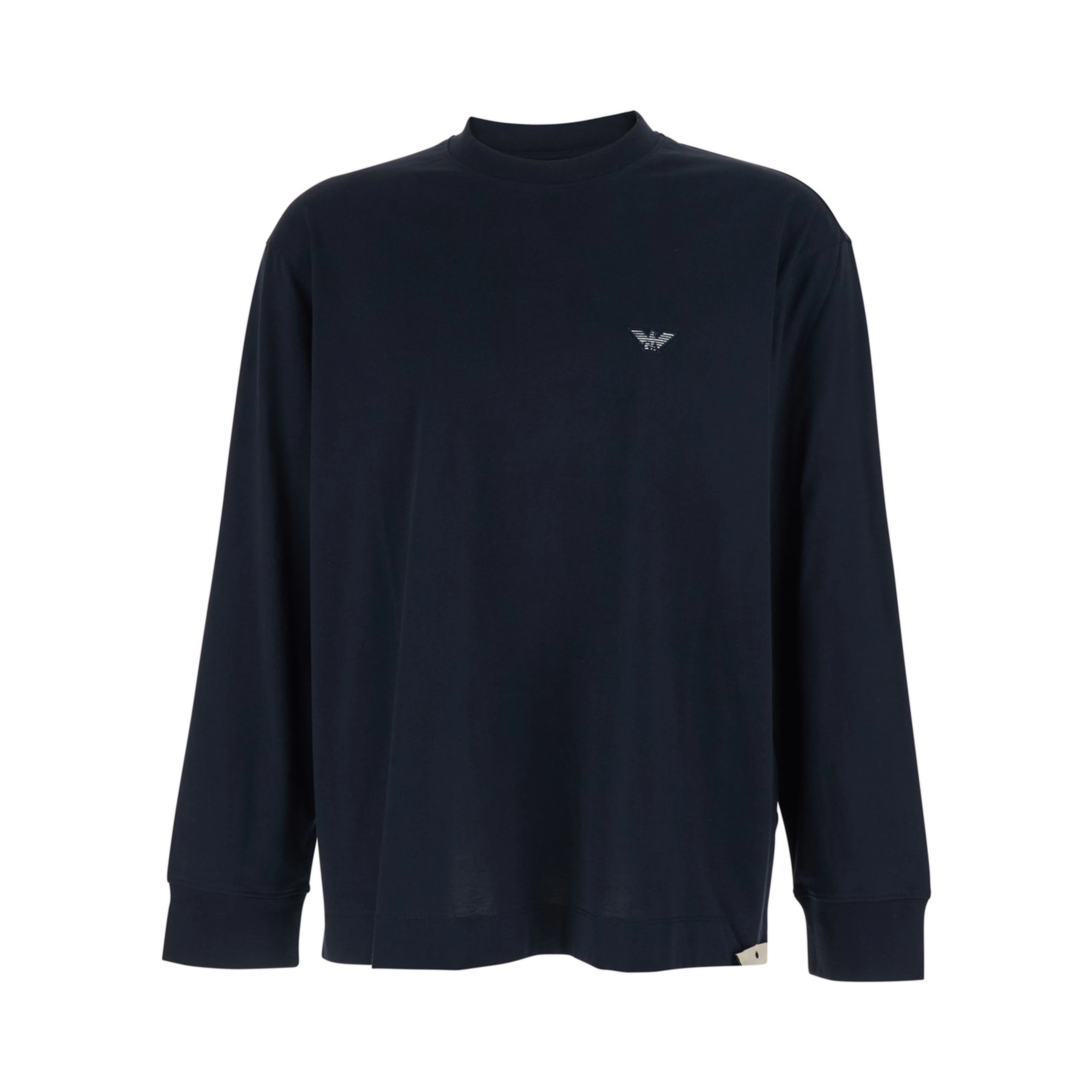 Blue Long-Sleeve Crewneck T-Shirt with Logo Embroidery on the Front in Cotton Man