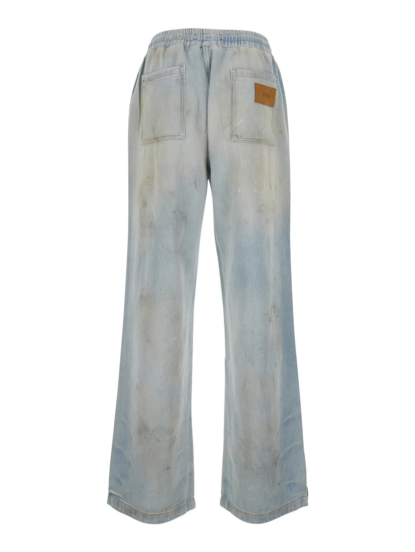 Light Bliue Pants with Elastic Waist and Logo Patch on the Front in Cotton Man