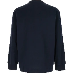 Blue Long-Sleeve Crewneck T-Shirt with Logo Embroidery on the Front in Cotton Man