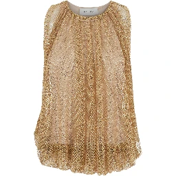Beige Top with Mesh Design and All-Over Rhinestone Application in Fabric Woman