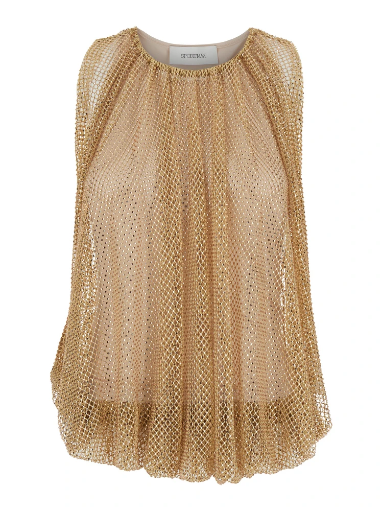 Beige Top with Mesh Design and All-Over Rhinestone Application in Fabric Woman