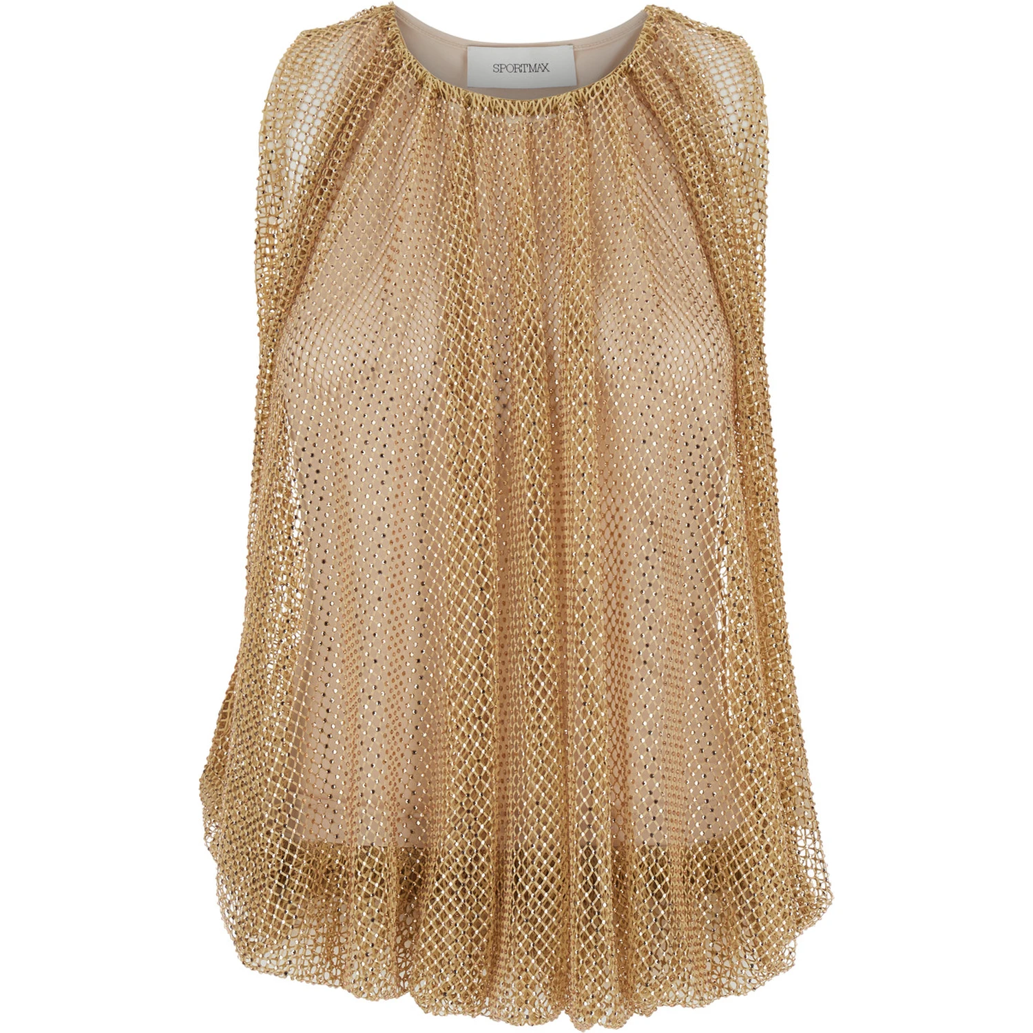 Beige Top with Mesh Design and All-Over Rhinestone Application in Fabric Woman
