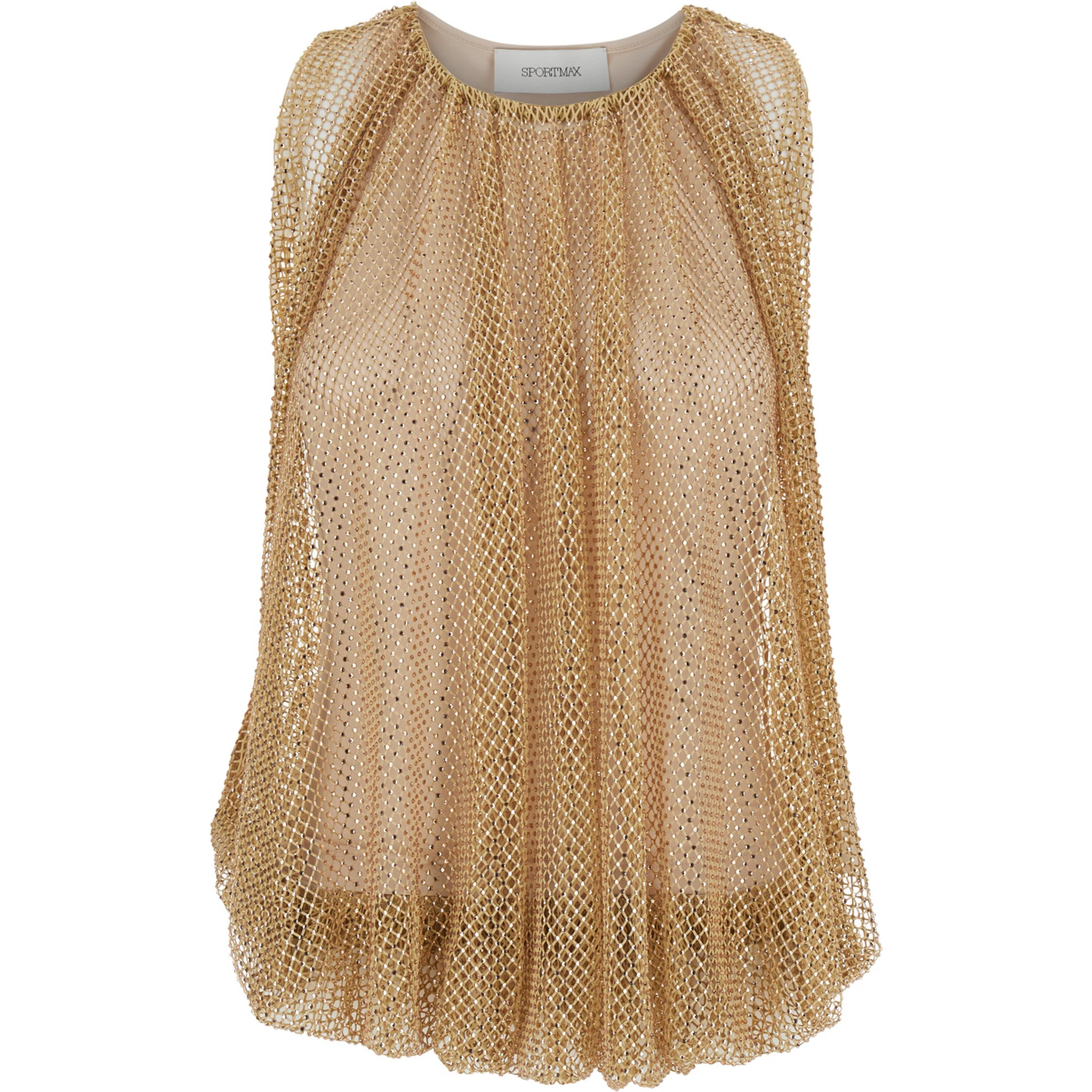 Beige Top with Mesh Design and All-Over Rhinestone Application in Fabric Woman