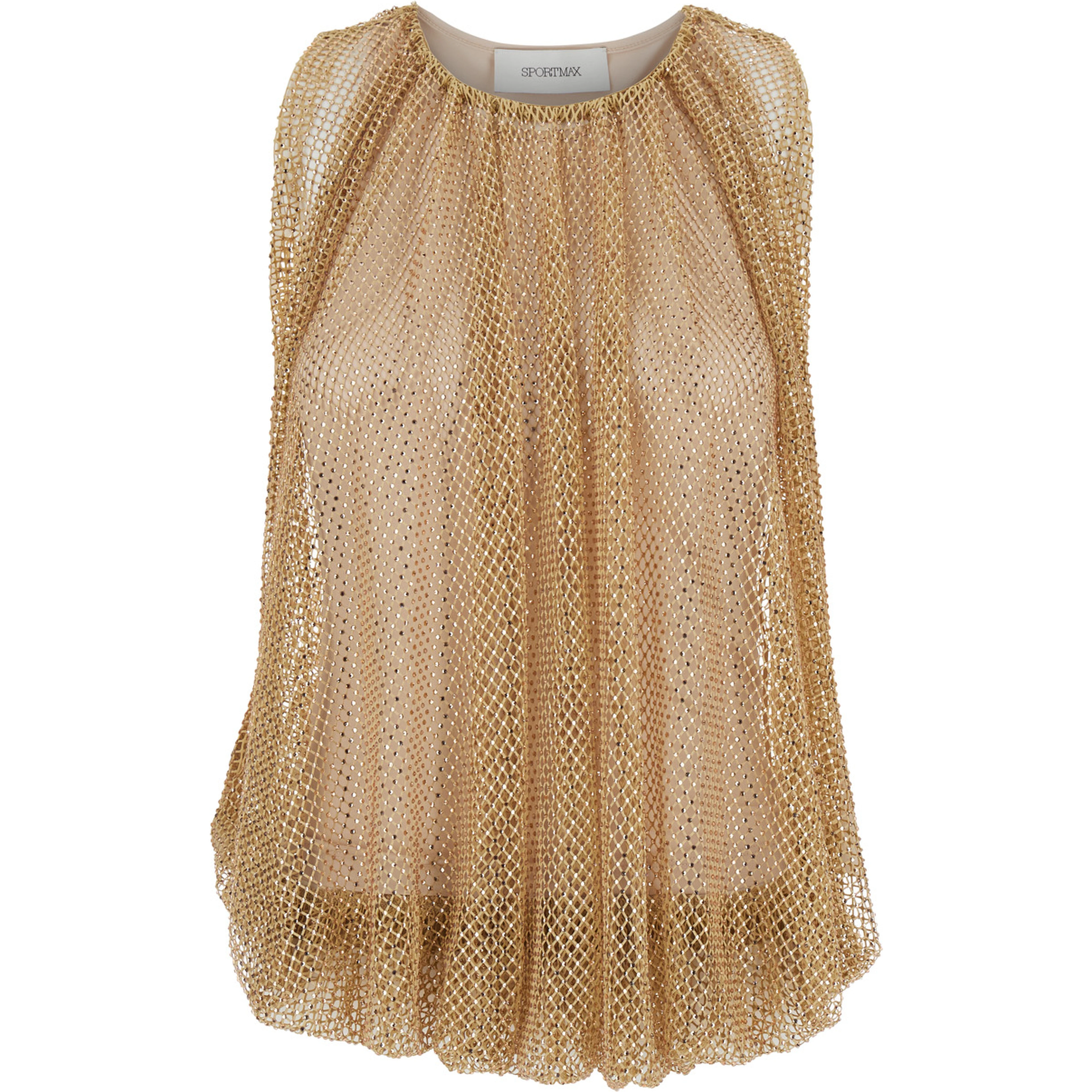 Beige Top with Mesh Design and All-Over Rhinestone Application in Fabric Woman