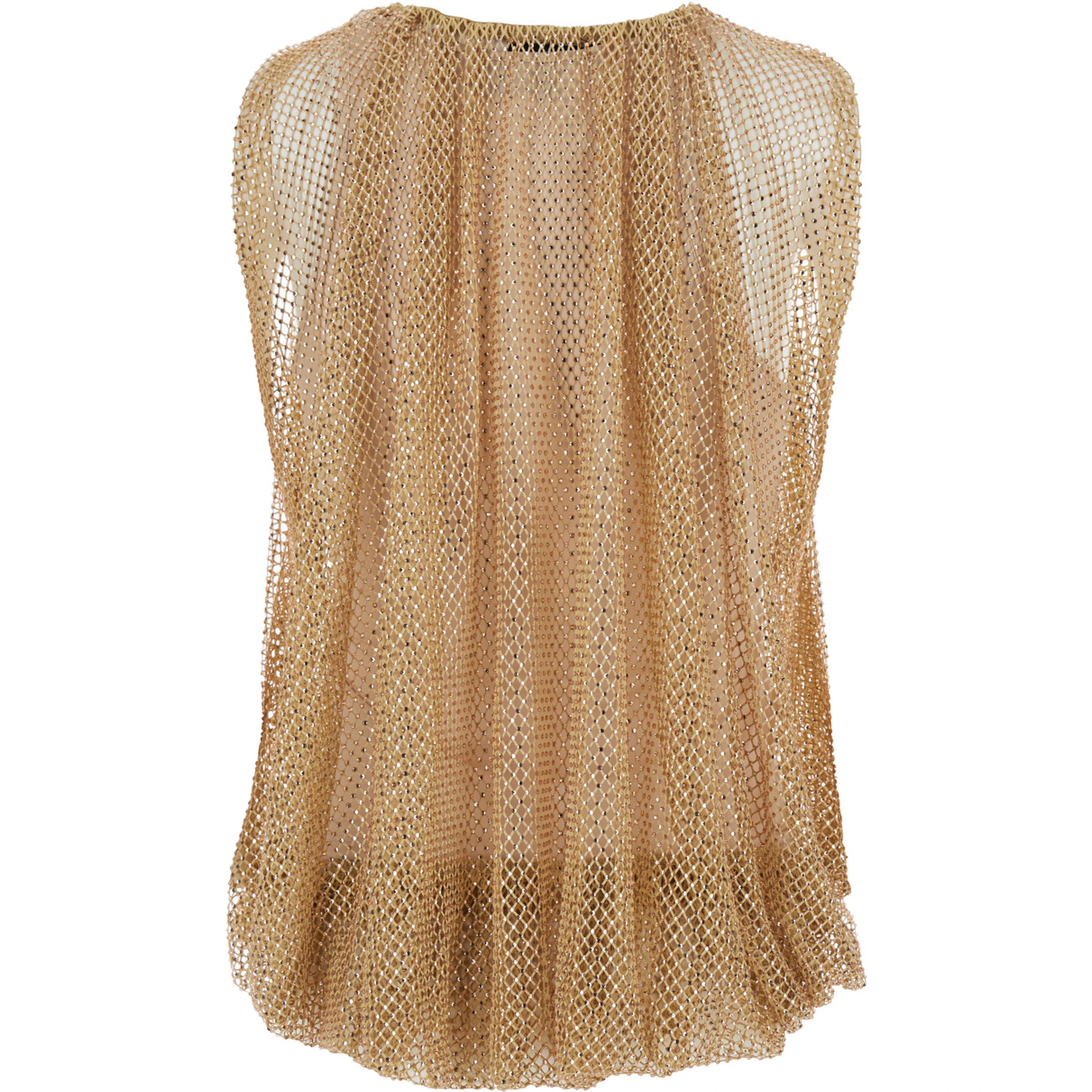 Beige Top with Mesh Design and All-Over Rhinestone Application in Fabric Woman
