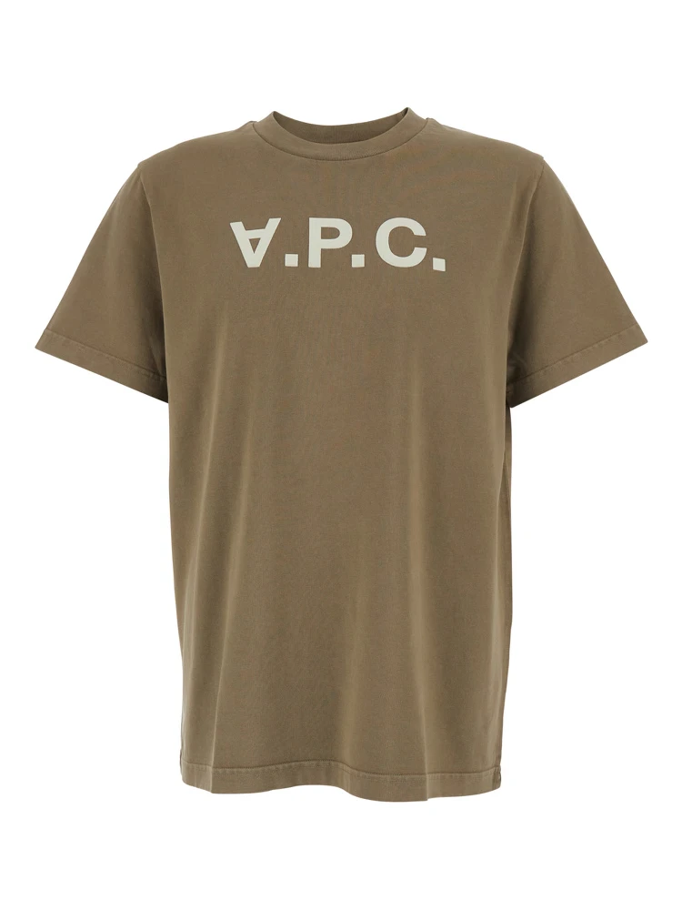 Brown Crewneck T-Shirt with Logo Lettering on the Front in Cotton Man