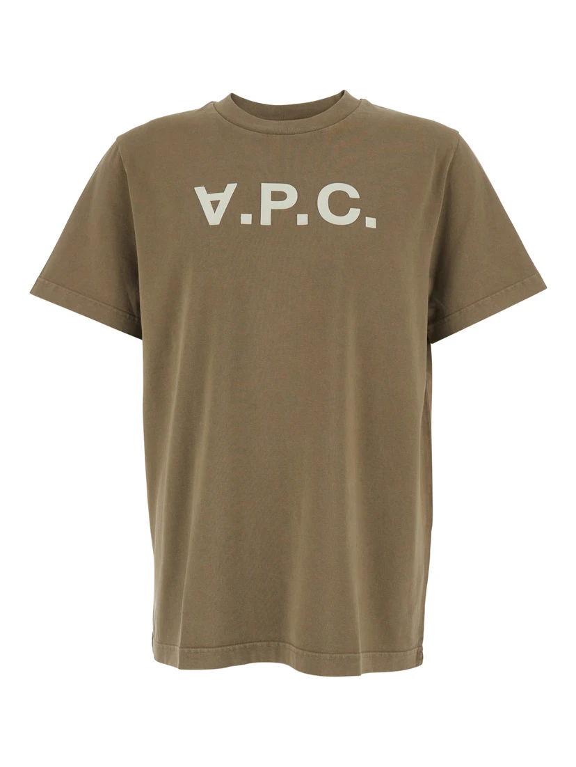 Brown Crewneck T-Shirt with Logo Lettering on the Front in Cotton Man