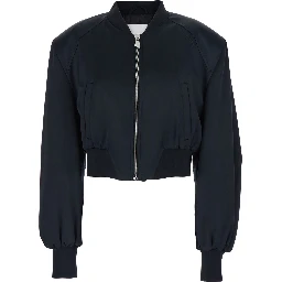 Black Cropped Bomber Jacket with Tonal Logo Lettering Embroidery on the Front in Viscose Woman