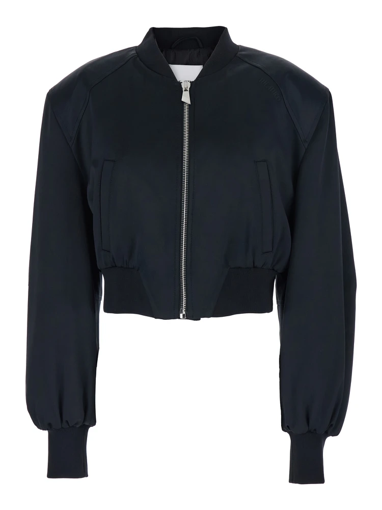 Black Cropped Bomber Jacket with Tonal Logo Lettering Embroidery on the Front in Viscose Woman