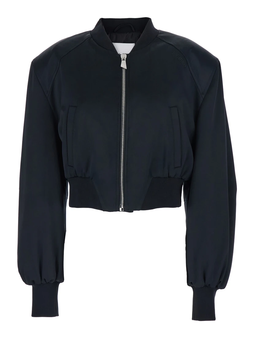 Black Cropped Bomber Jacket with Tonal Logo Lettering Embroidery on the Front in Viscose Woman