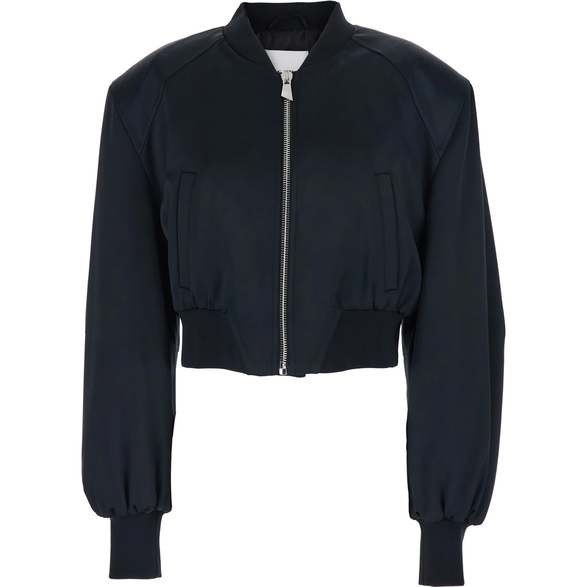 Black Cropped Bomber Jacket with Tonal Logo Lettering Embroidery on the Front in Viscose Woman