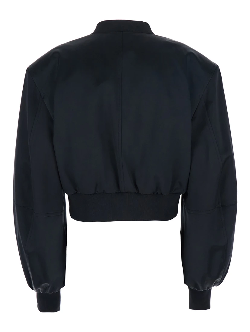 Black Cropped Bomber Jacket with Tonal Logo Lettering Embroidery on the Front in Viscose Woman