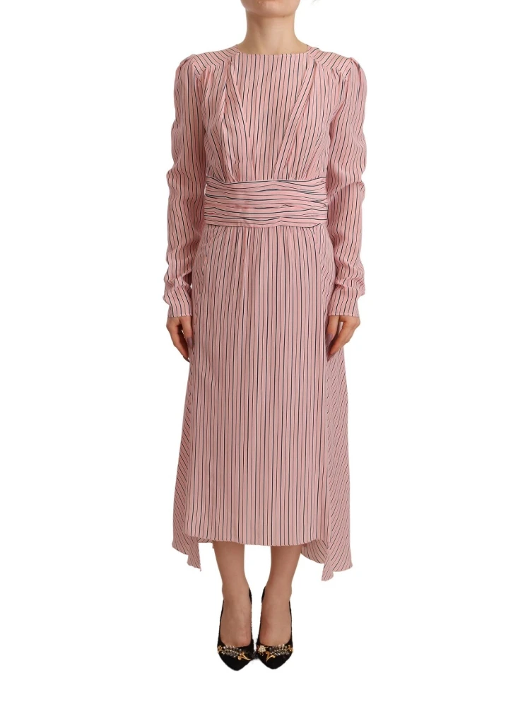 Pink Stripes Long Sleeves Sheath Midi Dress