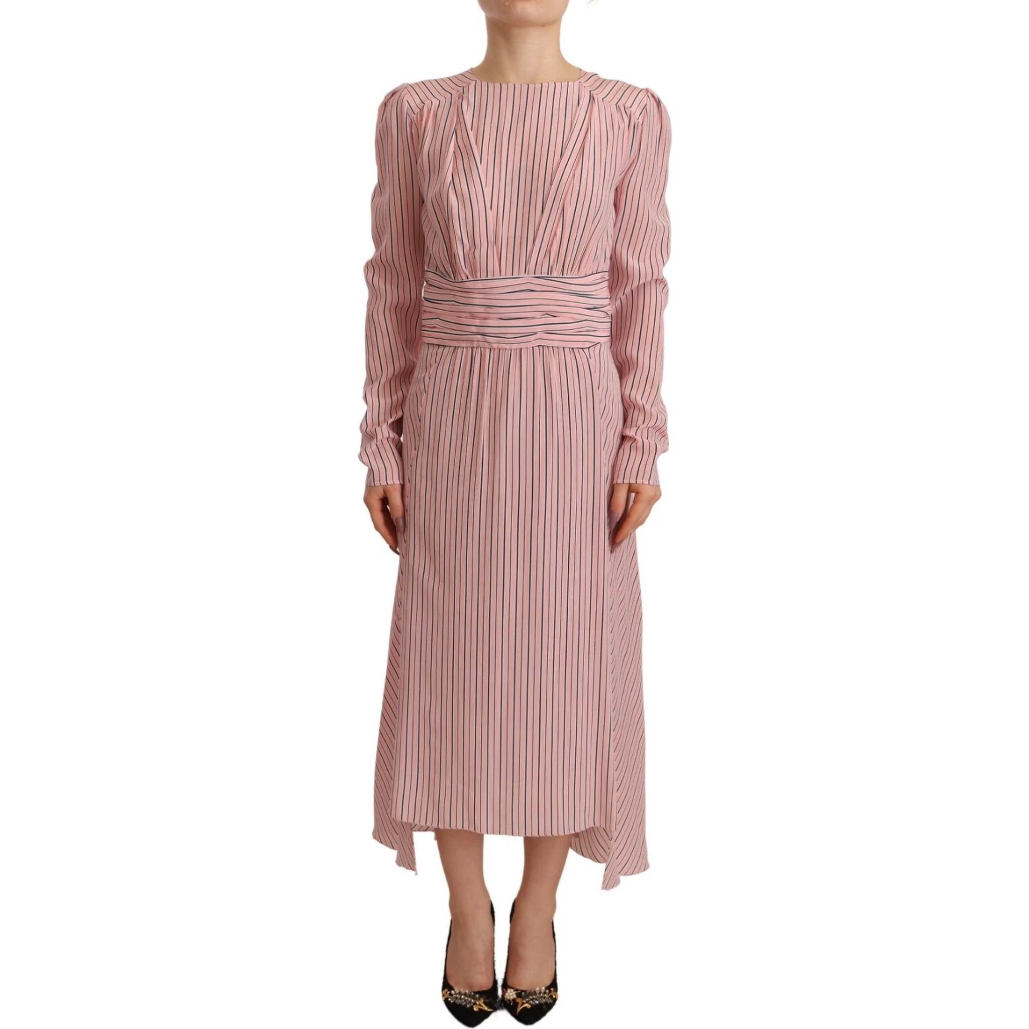 Pink Stripes Long Sleeves Sheath Midi Dress