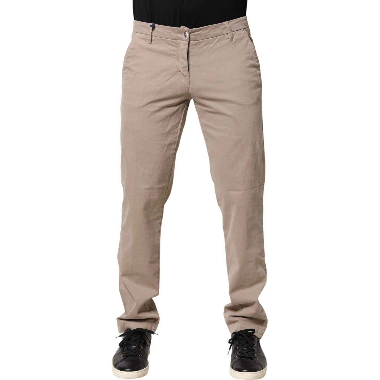 Beige Cotton Stretch Straight Mid Waist Trouser Pants