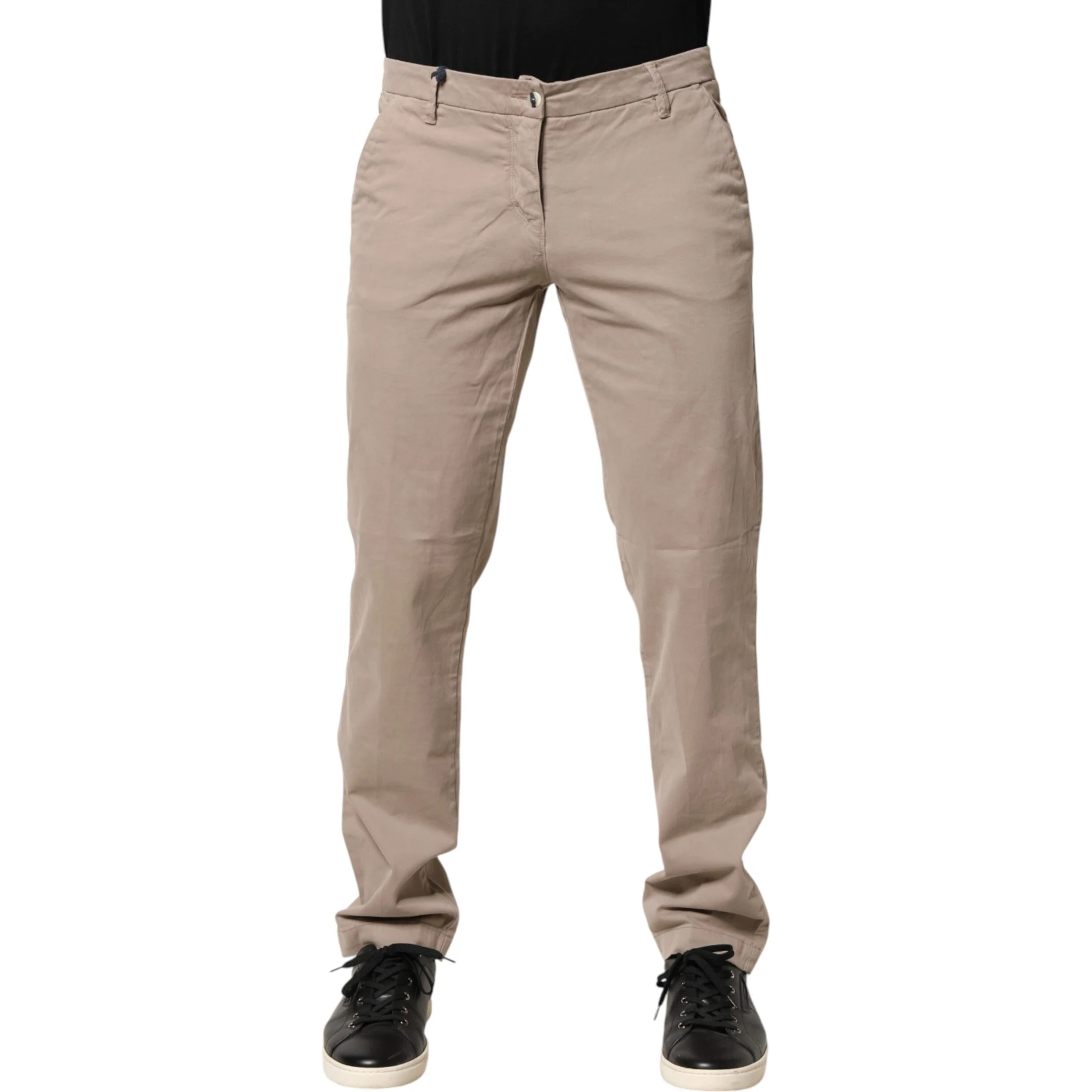 Beige Cotton Stretch Straight Mid Waist Trouser Pants
