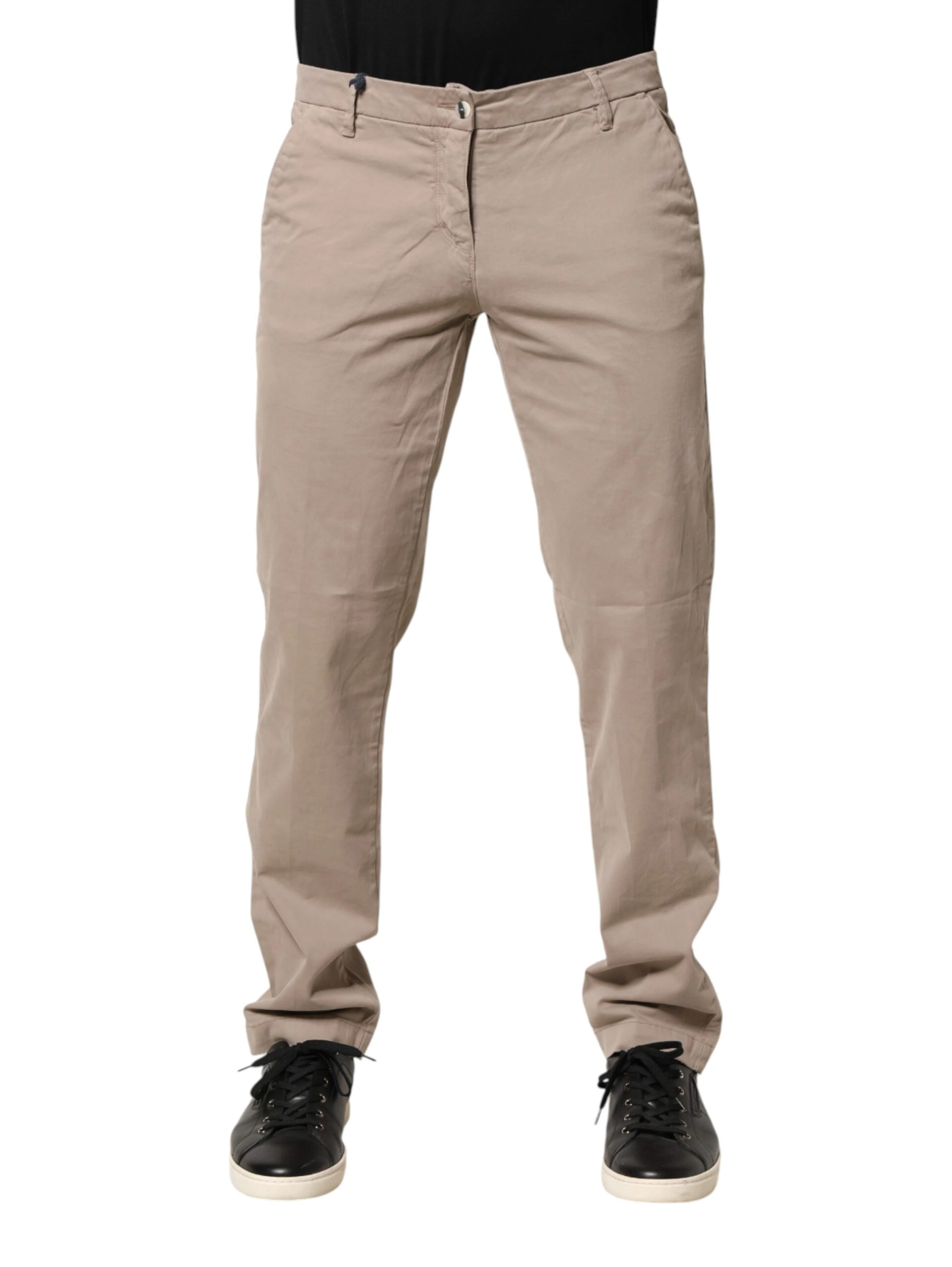 Beige Cotton Stretch Straight Mid Waist Trouser Pants