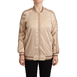 Bomber Full Zip Beige Long Sleeves Polyester Jacket