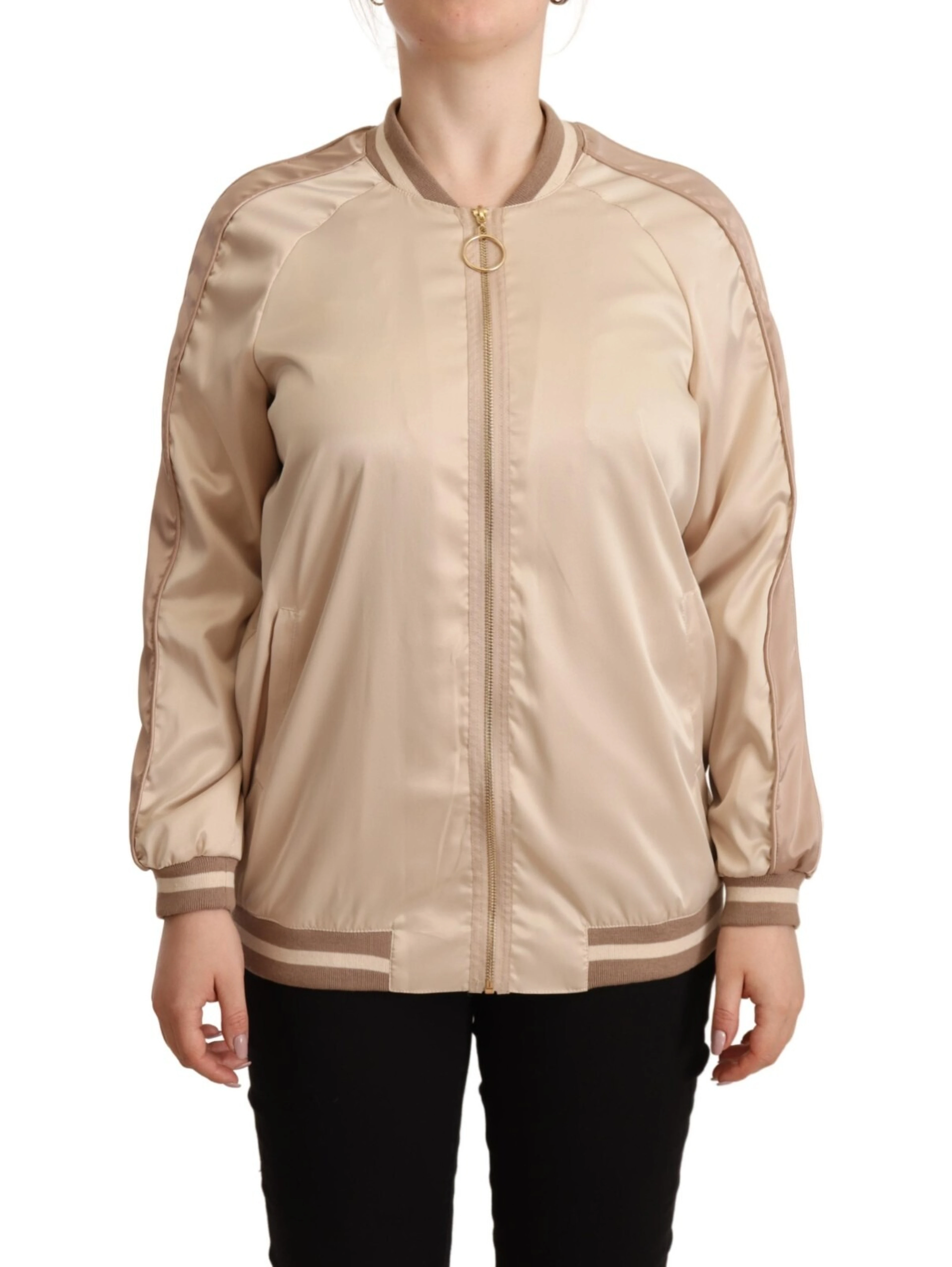 Bomber Full Zip Beige Long Sleeves Polyester Jacket
