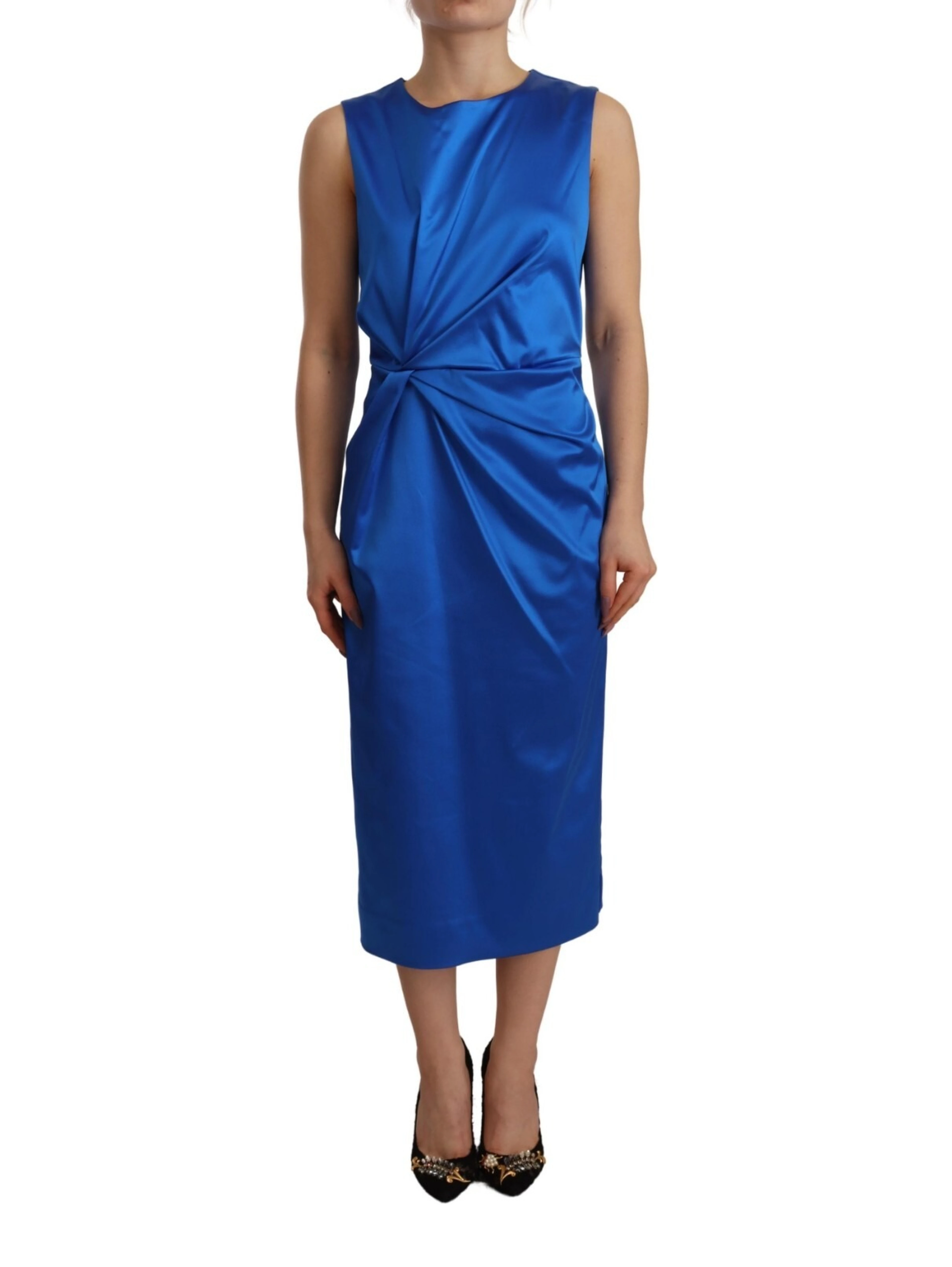 Acetate Royal Blue Roundneck Sleeveless Sheath Midi Dress