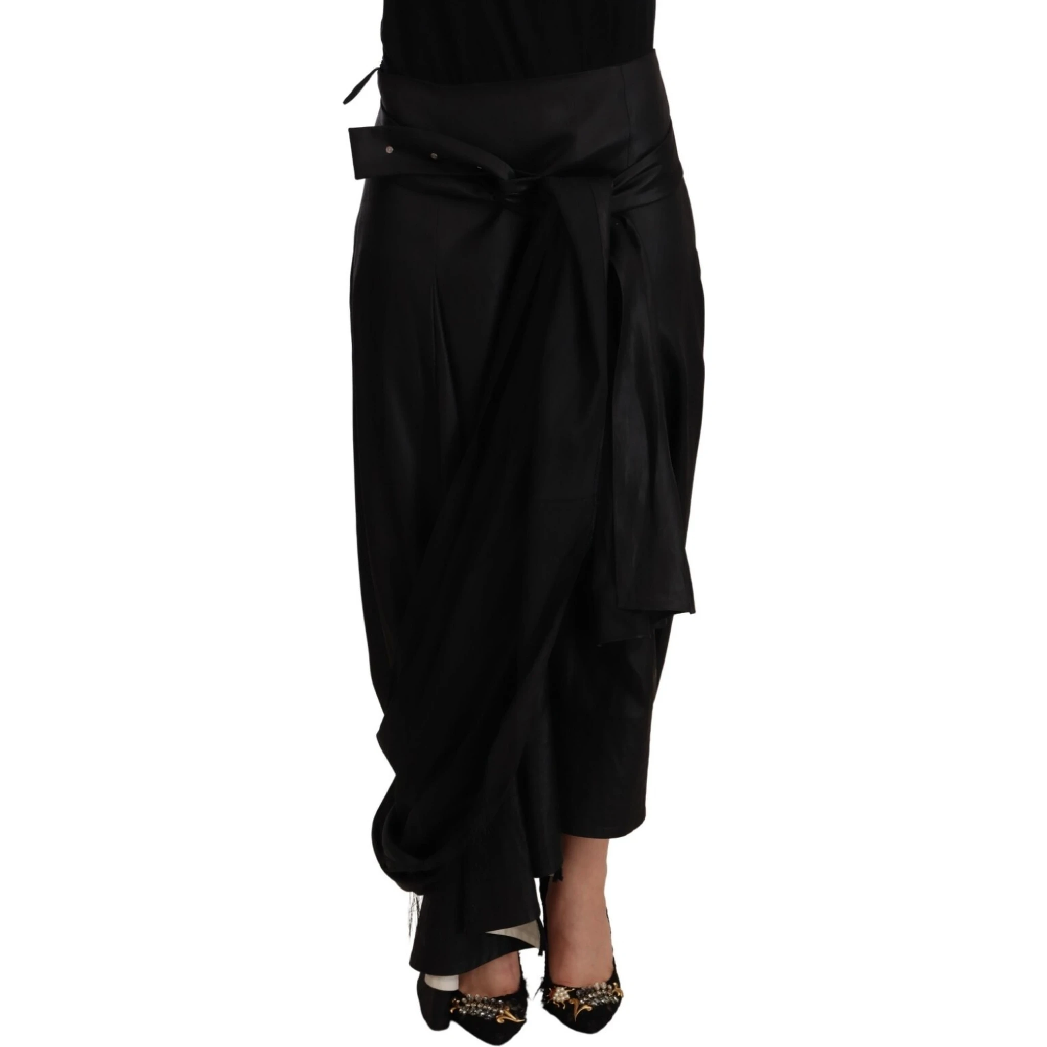 Acetate Black High Waist Wrap Style Asymmetric Skirt