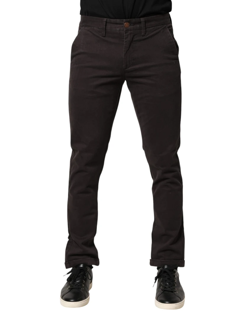 Dark Brown Cotton Stretch Skinny Mid Waist Men Trouser Pants