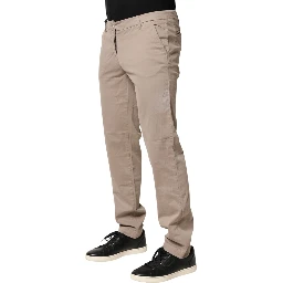 Beige Cotton Stretch Straight Mid Waist Trouser Pants