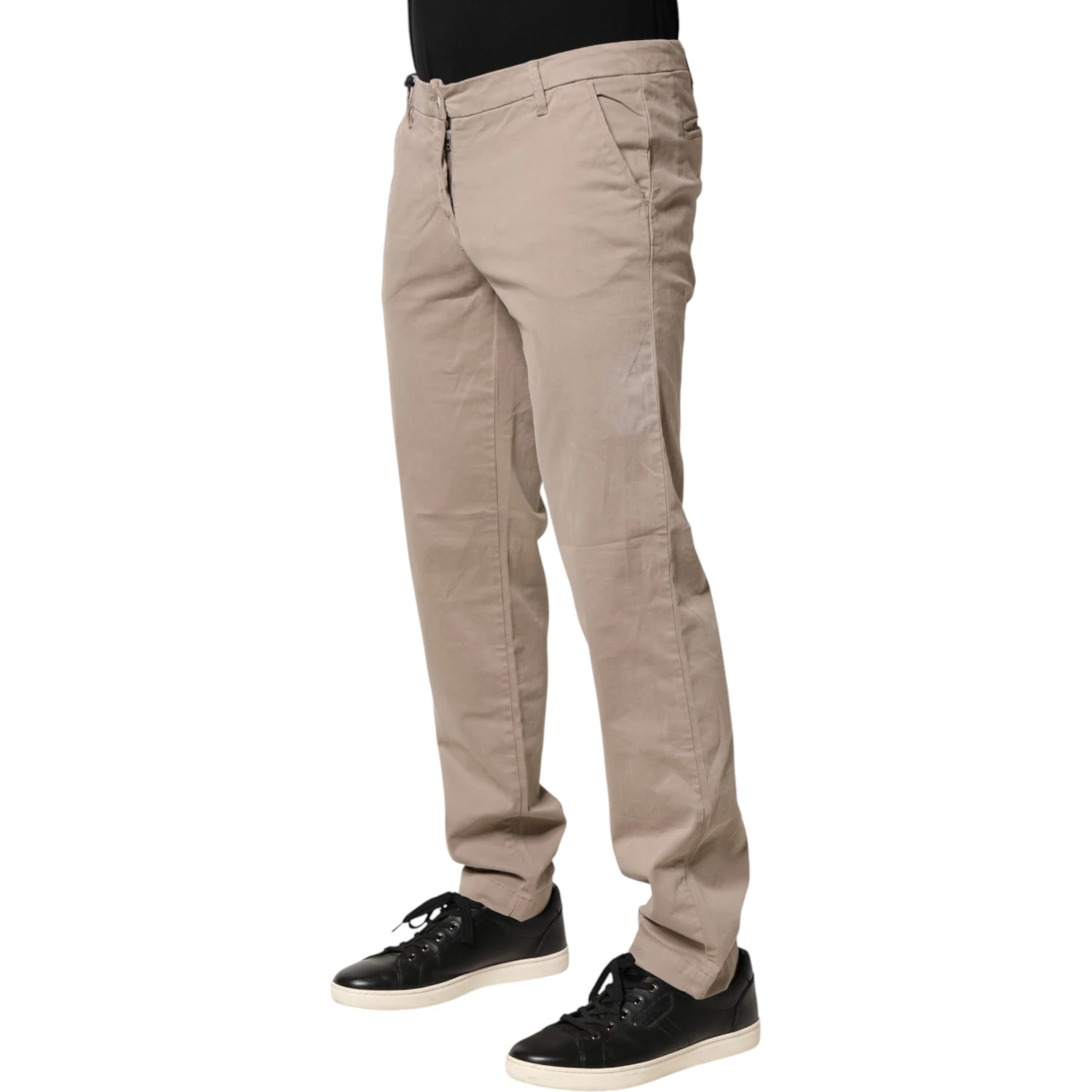 Beige Cotton Stretch Straight Mid Waist Trouser Pants