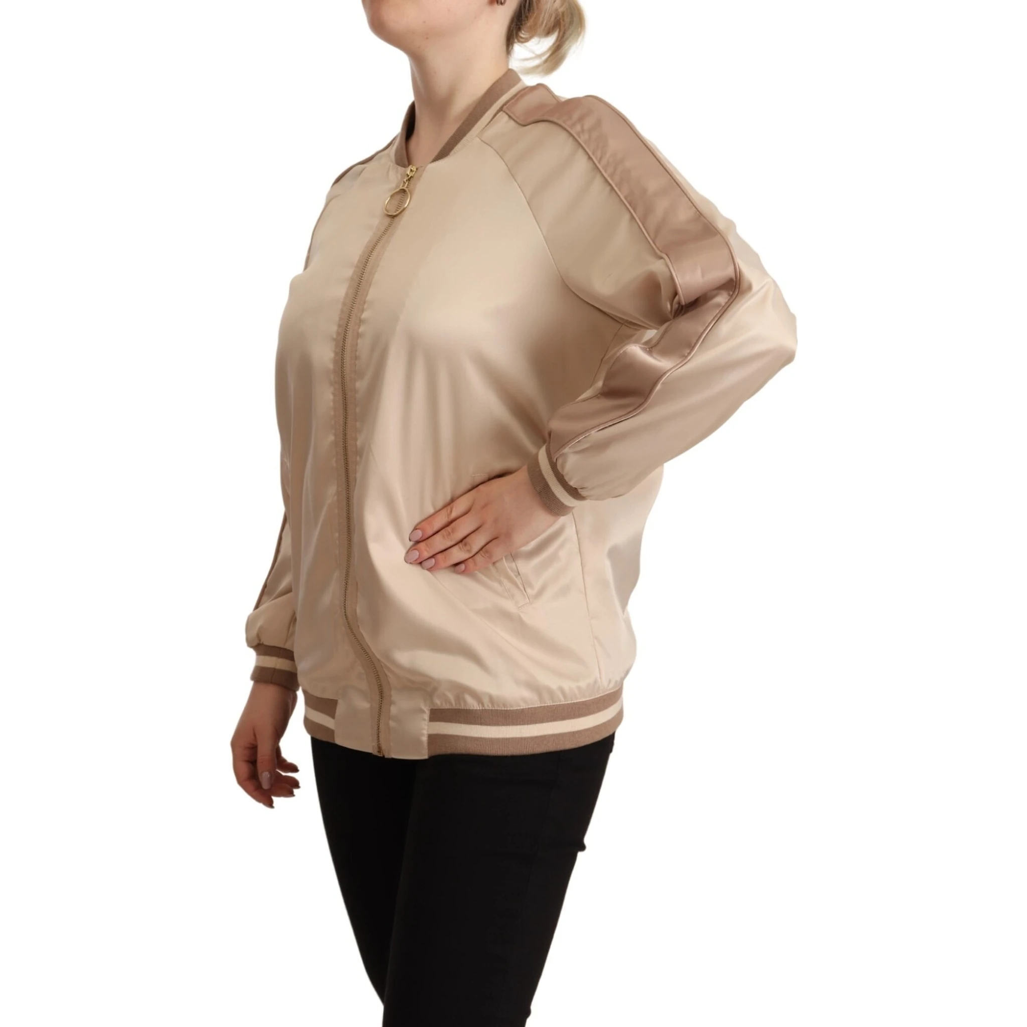 Bomber Full Zip Beige Long Sleeves Polyester Jacket
