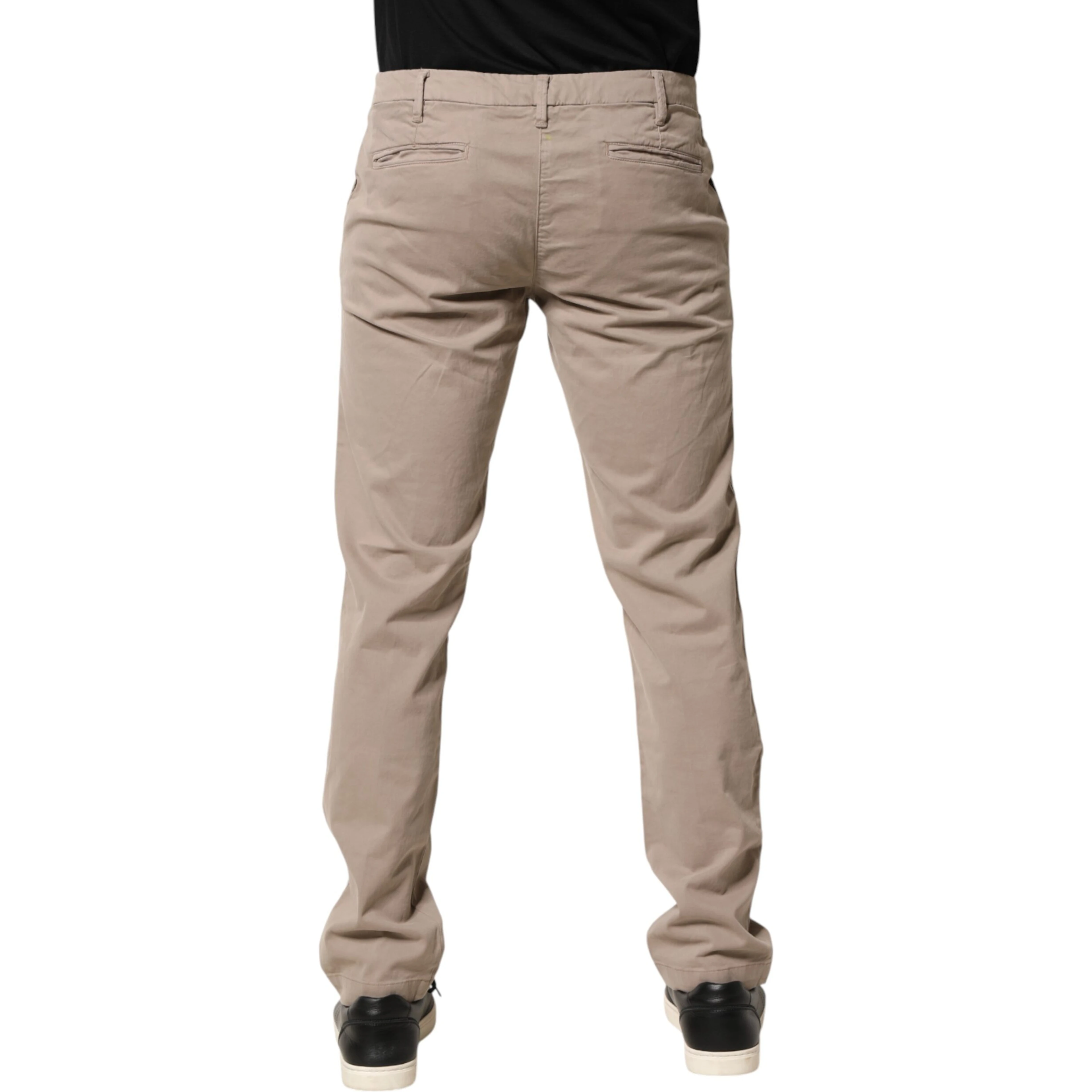 Beige Cotton Stretch Straight Mid Waist Trouser Pants