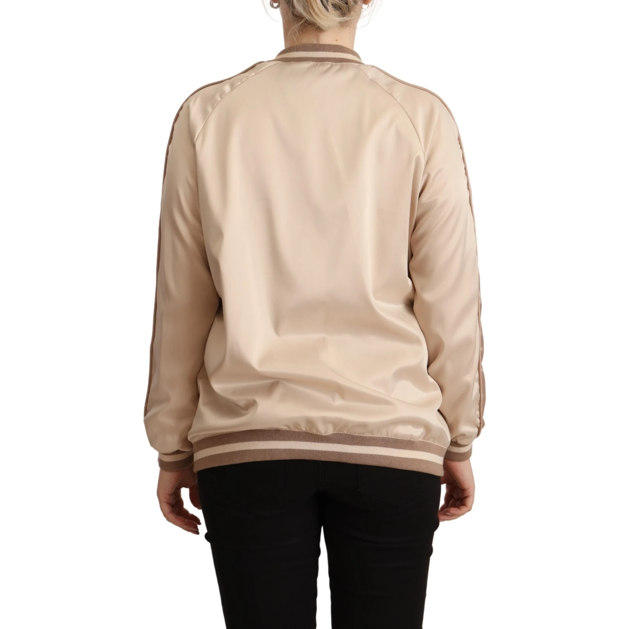 Bomber Full Zip Beige Long Sleeves Polyester Jacket