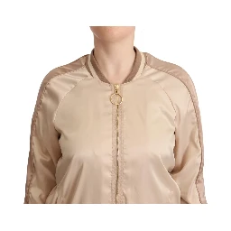 Bomber Full Zip Beige Long Sleeves Polyester Jacket