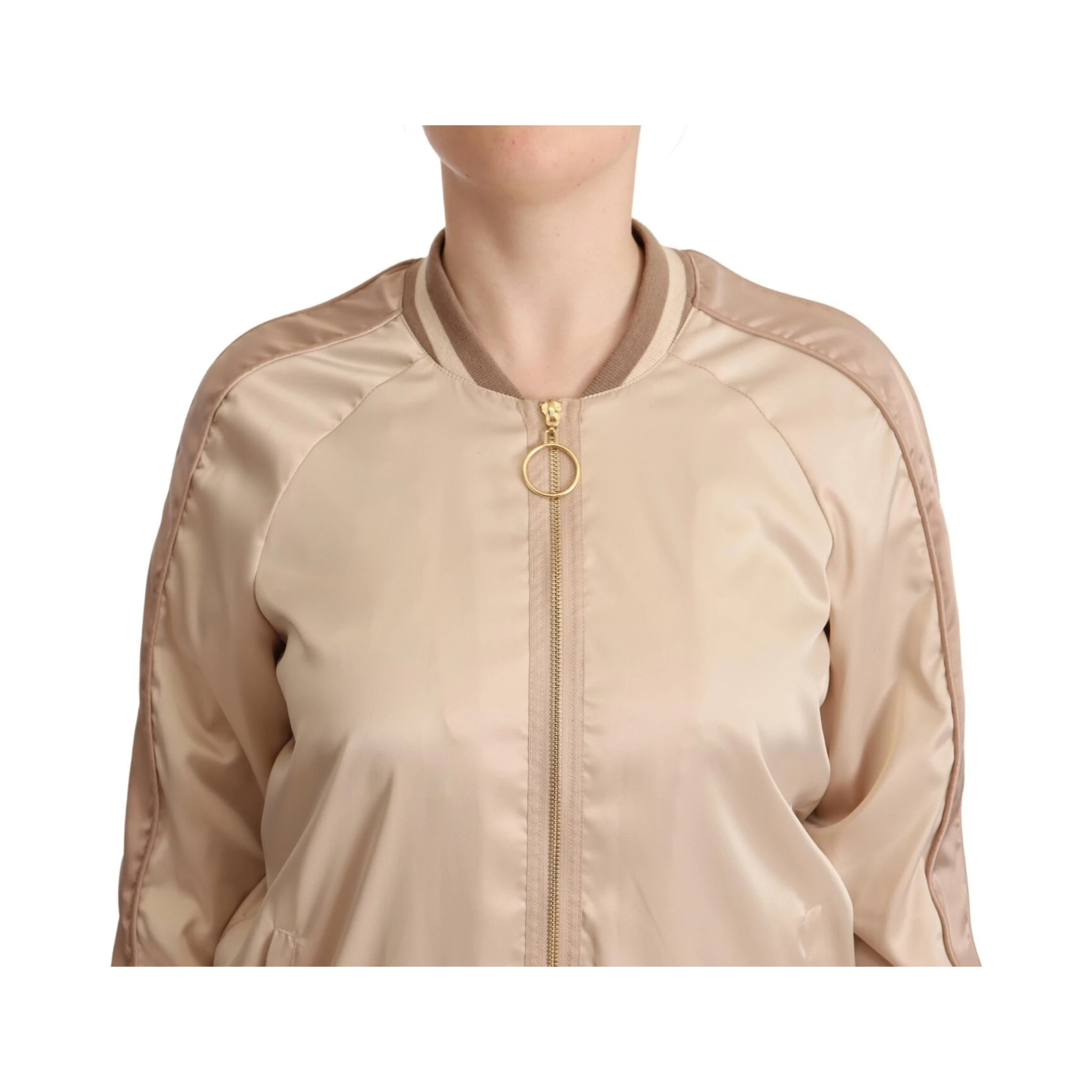 Bomber Full Zip Beige Long Sleeves Polyester Jacket