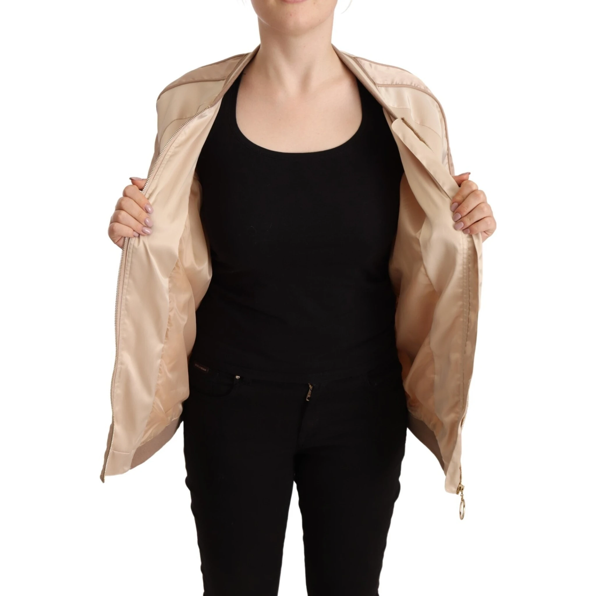 Bomber Full Zip Beige Long Sleeves Polyester Jacket