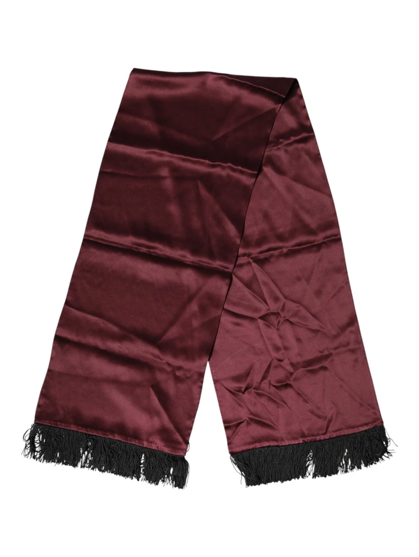 Maroon Silk Satin Fringes Neck Foulard Scarf