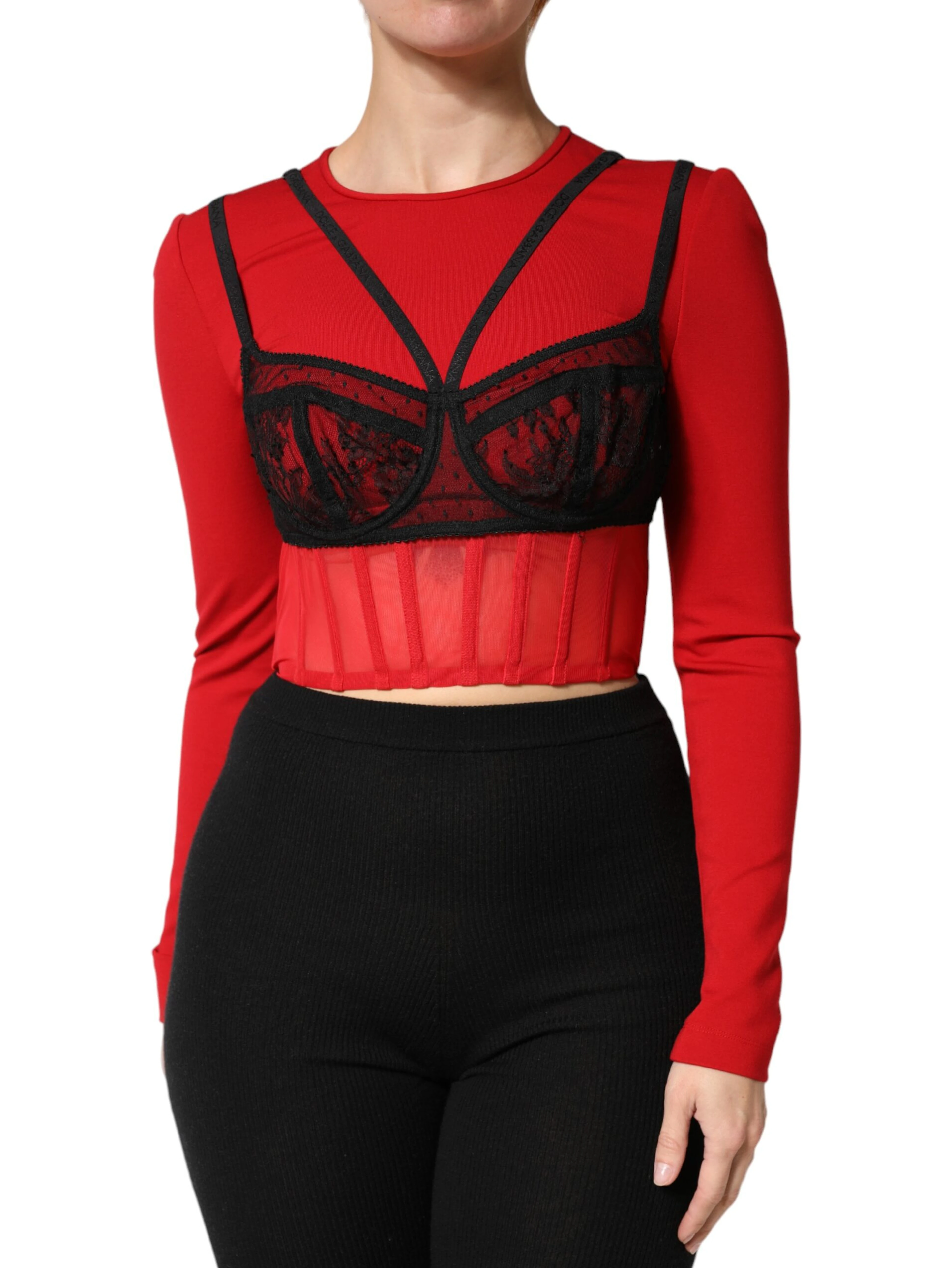 Red Black Nylon Bralette-Style Cropped Top