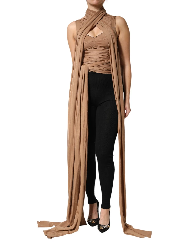 Brown Virgin Wool Sleeveless Scarf Tank Top